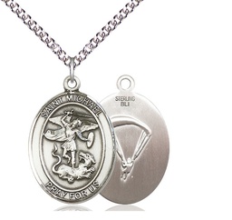 [7076SS7/24SS] Sterling Silver Saint Michael Paratrooper Pendant on a 24 inch Sterling Silver Heavy Curb chain
