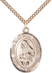 [7087SPGF/24GF] 14kt Gold Filled Virgen de la Divina Pendant on a 24 inch Gold Filled Heavy Curb chain