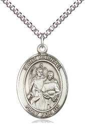 [7092SS/24SS] Sterling Silver Saint Raphael the Archangel Pendant on a 24 inch Sterling Silver Heavy Curb chain