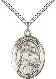 [7092SS/24SS] Sterling Silver Saint Raphael the Archangel Pendant on a 24 inch Sterling Silver Heavy Curb chain