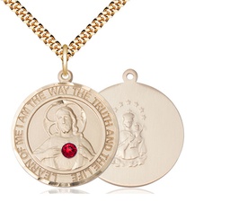 [7098RDGF-STN7/24G] 14kt Gold Filled Scapular - Ruby Stone Pendant with a 3mm Ruby Swarovski stone on a 24 inch Gold Plate Heavy Curb chain