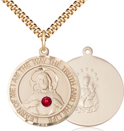[7098RDGF-STN7/24G] 14kt Gold Filled Scapular - Ruby Stone Pendant with a 3mm Ruby Swarovski stone on a 24 inch Gold Plate Heavy Curb chain
