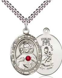 [7098SS-STN7/24S] Sterling Silver Scapular - Ruby Stone Pendant with a 3mm Ruby Swarovski stone on a 24 inch Light Rhodium Heavy Curb chain