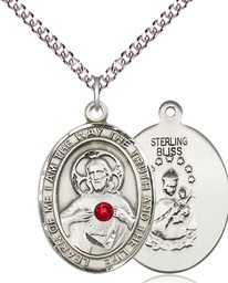 [7098SS-STN7/24SS] Sterling Silver Scapular - Ruby Stone Pendant with a 3mm Ruby Swarovski stone on a 24 inch Sterling Silver Heavy Curb chain