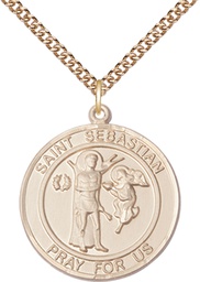 [7100RDGF/24GF] 14kt Gold Filled Saint Sebastian Pendant on a 24 inch Gold Filled Heavy Curb chain