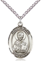 [7105SS/24SS] Sterling Silver Saint Timothy Pendant on a 24 inch Sterling Silver Heavy Curb chain