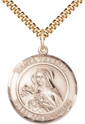 [7106RDSPGF/24GF] 14kt Gold Filled Santa Teresita Pendant on a 24 inch Gold Filled Heavy Curb chain