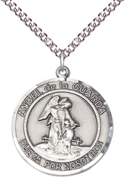 [7118RDSPSS/24SS] Sterling Silver Angel de la Guarda Pendant on a 24 inch Sterling Silver Heavy Curb chain