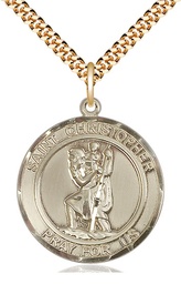 [7022RDGF/24G] 14kt Gold Filled Saint Christopher Pendant on a 24 inch Gold Plate Heavy Curb chain