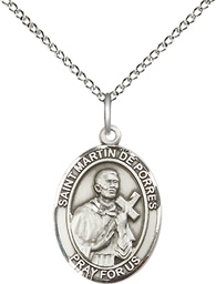 [8089SS/18SS] Sterling Silver Saint Martin de Porres Pendant on a 18 inch Sterling Silver Light Curb chain