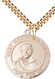 [7073RDGF/24G] 14kt Gold Filled Saint Maximilian Kolbe Pendant on a 24 inch Gold Plate Heavy Curb chain