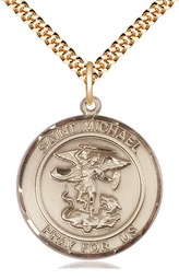 [7076RDGF/24G] 14kt Gold Filled Saint Michael the Archangel Pendant on a 24 inch Gold Plate Heavy Curb chain