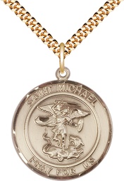 [7076RDGF/24G] 14kt Gold Filled Saint Michael the Archangel Pendant on a 24 inch Gold Plate Heavy Curb chain