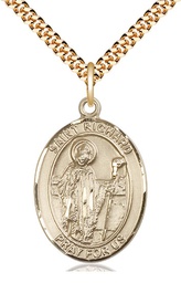 [7093GF/24G] 14kt Gold Filled Saint Richard Pendant on a 24 inch Gold Plate Heavy Curb chain