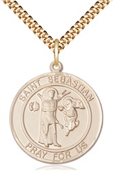 [7100RDGF/24G] 14kt Gold Filled Saint Sebastian Pendant on a 24 inch Gold Plate Heavy Curb chain