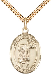 [7228GF/24G] 14kt Gold Filled Saint Stephanie Pendant on a 24 inch Gold Plate Heavy Curb chain