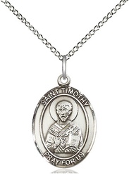 [8105SS/18SS] Sterling Silver Saint Timothy Pendant on a 18 inch Sterling Silver Light Curb chain