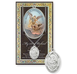 [HI-950-330] St. Michael w/Chain Genuine Pewter Medal on a 24&quot; Ch. /Bio. &amp; Picture Folder