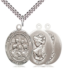 [7514SS/24S] Sterling Silver Saint Christopher Choir Pendant on a 24 inch Light Rhodium Heavy Curb chain