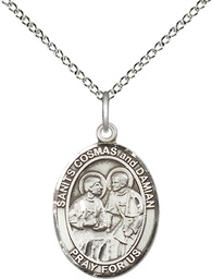 [8132SS/18SS] Sterling Silver Saints Cosmas &amp; Damian Pendant on a 18 inch Sterling Silver Light Curb chain