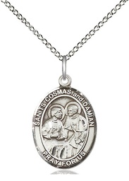 [8132SS/18SS] Sterling Silver Saints Cosmas &amp; Damian Pendant on a 18 inch Sterling Silver Light Curb chain