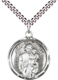 [0036KSS/24S] Sterling Silver Saint Joseph Pendant on a 24 inch Light Rhodium Heavy Curb chain