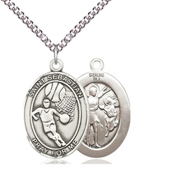 [7602SS/24SS] Sterling Silver Saint Sebastian Basketball Pendant on a 24 inch Sterling Silver Heavy Curb chain