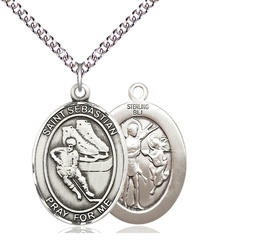 [7604SS/24SS] Sterling Silver Saint Sebastian Hockey Pendant on a 24 inch Sterling Silver Heavy Curb chain