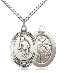[7608SS/24SS] Sterling Silver Saint Sebastian Wrestling Pendant on a 24 inch Sterling Silver Heavy Curb chain