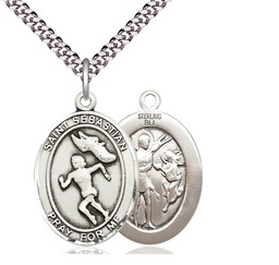[7610SS/24S] Sterling Silver Saint Sebastian Track and Field Pendant on a 24 inch Light Rhodium Heavy Curb chain