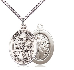[7615SS/24SS] Sterling Silver Saint Sebastian Karate Pendant on a 24 inch Sterling Silver Heavy Curb chain