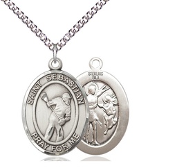 [7616SS/24SS] Sterling Silver Saint Sebastian Lacrosse Pendant on a 24 inch Sterling Silver Heavy Curb chain