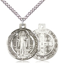 [0027BSS/24SS] Sterling Silver Saint Benedict Pendant on a 24 inch Sterling Silver Heavy Curb chain