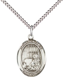 [8013SS/18S] Sterling Silver Saint Benjamin Pendant on a 18 inch Light Rhodium Light Curb chain