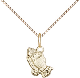 [0220GF/18GF] 14kt Gold Filled Praying Hands Pendant on a 18 inch Gold Filled Light Curb chain