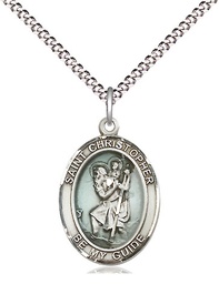 [8022ESS/18S] Sterling Silver Saint Christopher Pendant on a 18 inch Light Rhodium Light Curb chain
