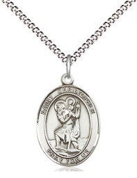 [8022SS/18S] Sterling Silver Saint Christopher Pendant on a 18 inch Light Rhodium Light Curb chain