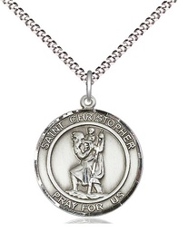 [8022RDSS/18S] Sterling Silver Saint Christopher Pendant on a 18 inch Light Rhodium Light Curb chain