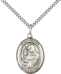 [8028SS/18S] Sterling Silver Saint Clare of Assisi Pendant on a 18 inch Light Rhodium Light Curb chain