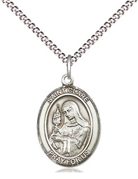[8028SS/18S] Sterling Silver Saint Clare of Assisi Pendant on a 18 inch Light Rhodium Light Curb chain