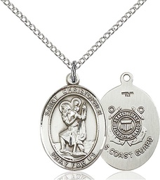 [8022SS3/18SS] Sterling Silver Saint Christopher Coast Guard Pendant on a 18 inch Sterling Silver Light Curb chain