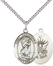 [8022SS6/18S] Sterling Silver Saint Christopher Navy Pendant on a 18 inch Light Rhodium Light Curb chain