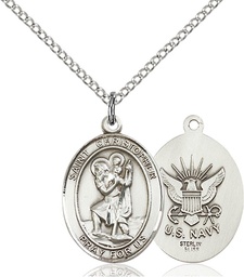 [8022SS6/18S] Sterling Silver Saint Christopher Navy Pendant on a 18 inch Light Rhodium Light Curb chain