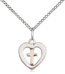 [3147GF/SS/18SS] Two-Tone GF/SS Heart Cross Pendant on a 18 inch Sterling Silver Light Curb chain