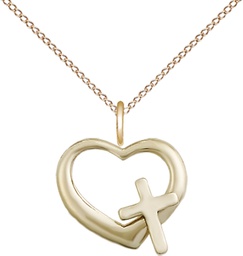[4207GF/18GF] 14kt Gold Filled Heart Cross Pendant on a 18 inch Gold Filled Light Curb chain