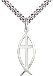 [4252SS/24S] Sterling Silver Fish Cross Pendant on a 24 inch Light Rhodium Heavy Curb chain