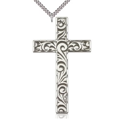 [5637SS/24S] Sterling Silver Knurled Cross Pendant on a 24 inch Light Rhodium Heavy Curb chain