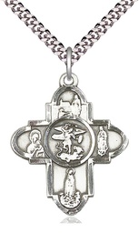 [5711SS/24S] Sterling Silver Our Lady 5-Way Pendant on a 24 inch Light Rhodium Heavy Curb chain