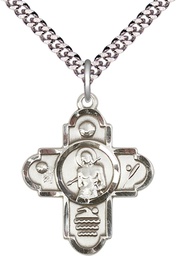 [5714SS/24S] Sterling Silver 5-Way St Sebastian Sports Pendant on a 24 inch Light Rhodium Heavy Curb chain