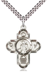 [5714SS/24S] Sterling Silver 5-Way St Sebastian Sports Pendant on a 24 inch Light Rhodium Heavy Curb chain